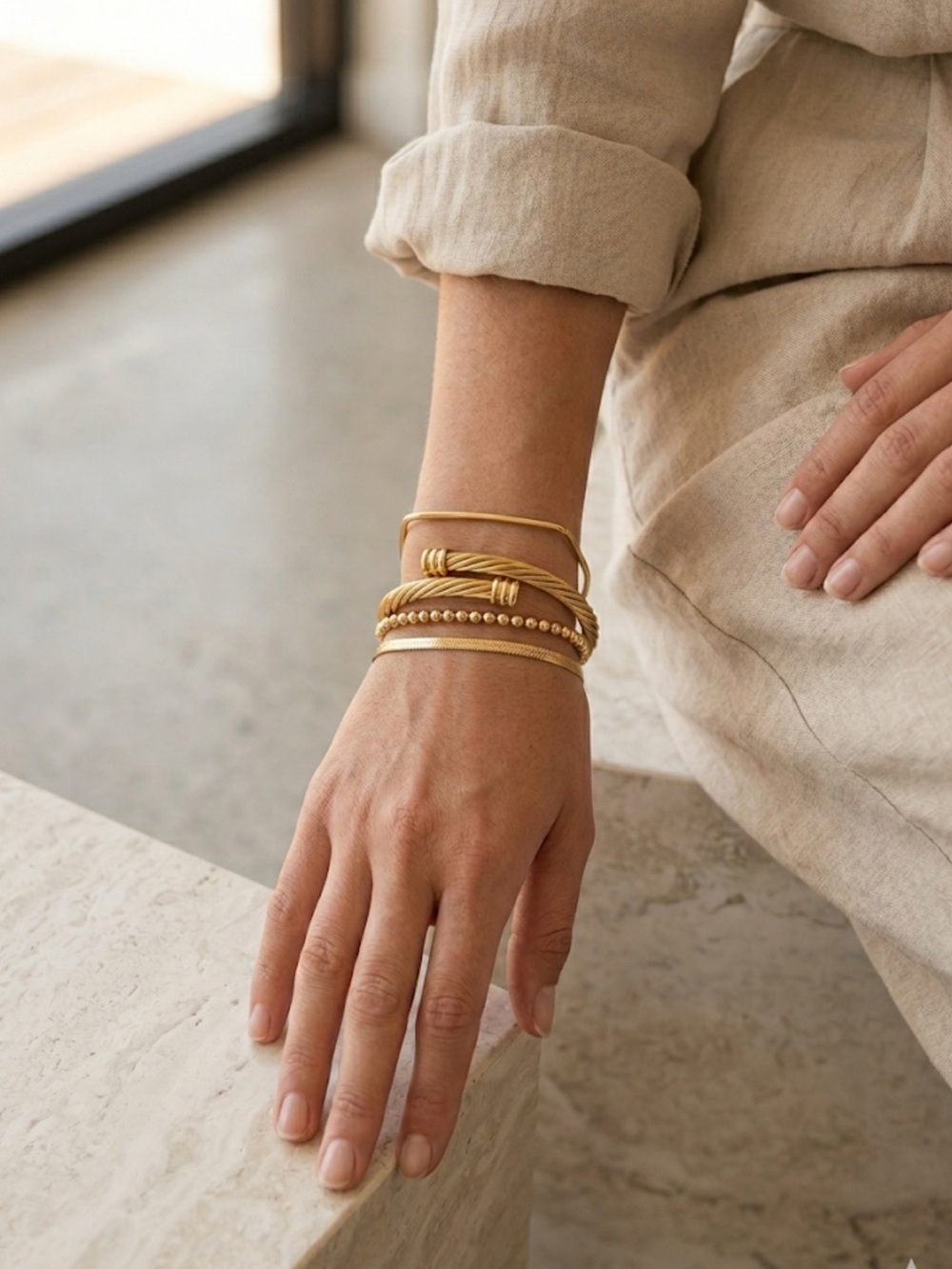Gold Cable Cuff Bracelet Waterproof Stainless Steel Open Cuff - Picture 2 of 4